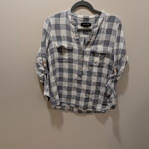 IVANKA TRUMP Gray White Plaid 3/4 Sleeve Blouse Size Large